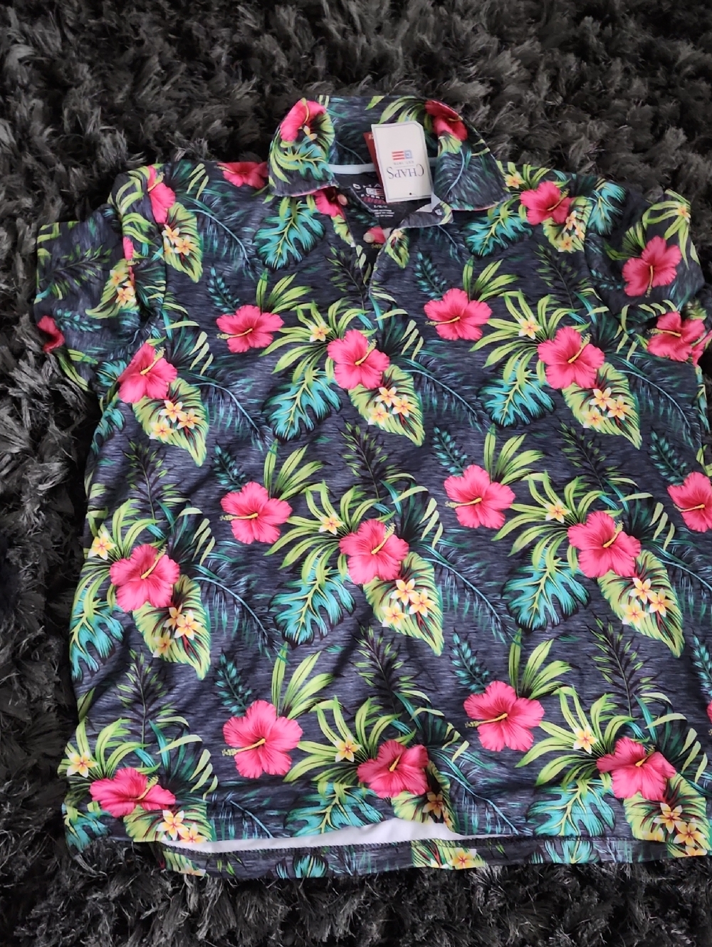 Chaps Men's Floral Polo in Navy with Pink & Green
